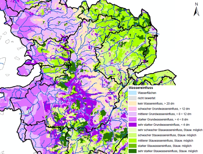 Dieses Bild zeigt eine Übersichtskarte des Grund- und Stauwassereinflusses