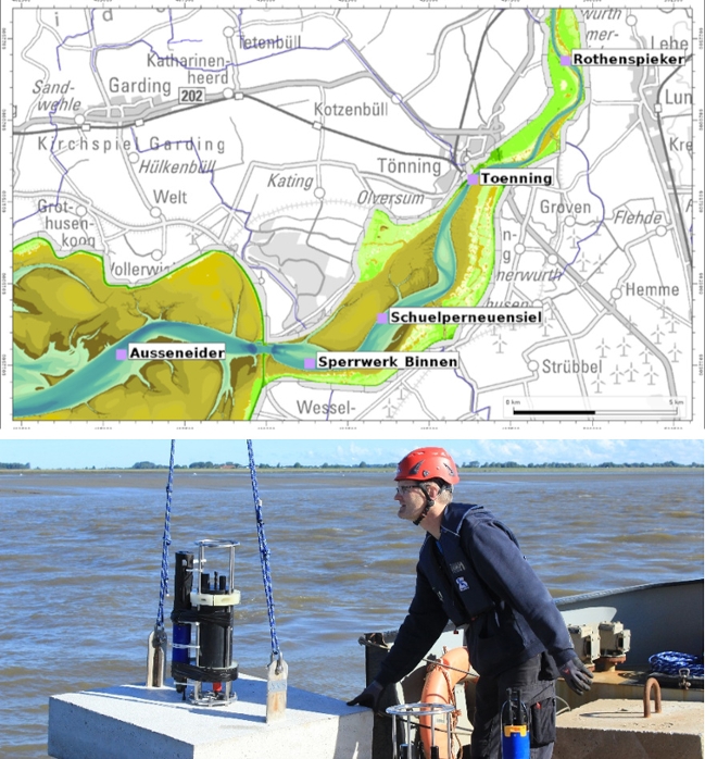 Das Bild ist in zwei Teile dargestellt, oben: Positionen der Wasserqualitätsmessungen der BAW in der Außen- und Tideeider im September 2020, unten: Setzen der Verankerungen mit den Messgeräten Das Bild ist in zwei Teile dargestellt, oben: Positionen der Wasserqualitätsmessungen der BAW in der Außen- und Tideeider im September 2020, unten: Setzen der Verankerungen mit den Messgeräten