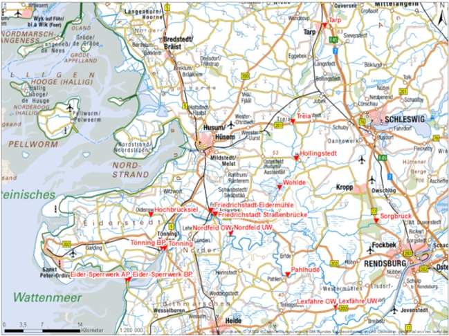 Das Bild zeigt die Auswahl von Wasserstandspegeln der WSV (Wasserstraßen- und Schifffahrtsverwaltung) und des LKN.SH (Landesbetrieb für Küstenschutz, Nationalpark und Meeresschutz des Landes Schleswig-Holstein.) der Eider und der Treene Das Bild zeigt die Auswahl von Wasserstandspegeln der WSV (Wasserstraßen- und Schifffahrtsverwaltung) und des LKN.SH (Landesbetrieb für Küstenschutz, Nationalpark und Meeresschutz des Landes Schleswig-Holstein.) der Eider und der Treene