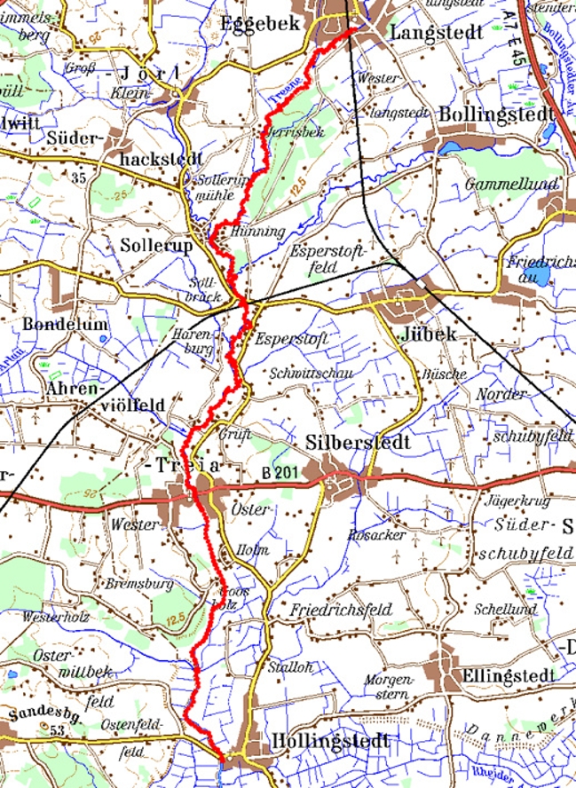 Das Bild zeigt den Gewässerabschnitt der Treene der Querprofilaufnahmen durch das LKN.SH 2019 Das Bild zeigt den Gewässerabschnitt der Treene der Querprofilaufnahmen durch das LKN.SH 2019