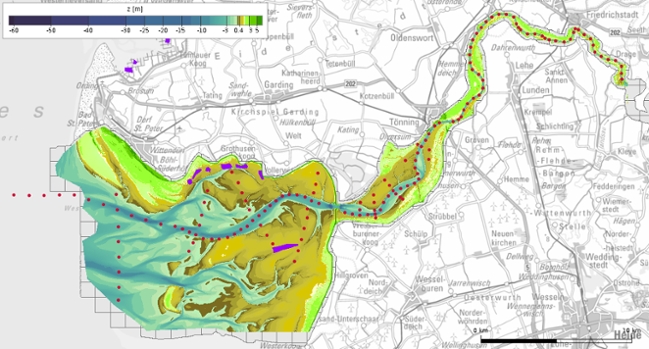 Das Bild zeigt die Bodenprobenentnahmepunkte in der Außen- und Tideeider im August 2021 in roten Punkten dargestellt swoie die Seegraswiesenbestände in violetten Polygone dargestellt(Auskunft LLUR 2021) Das Bild zeigt die Bodenprobenentnahmepunkte in der Außen- und Tideeider im August 2021 in roten Punkten dargestellt swoie die Seegraswiesenbestände in violetten Polygone dargestellt(Auskunft LLUR 2021)