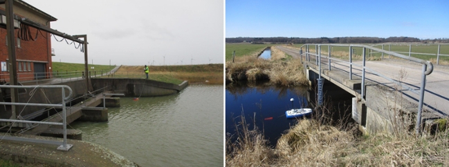 Das Bild zeigt die Durchflussermittlung mittels ADCP-Messboot, linke Seite: Schülper Neuensiel, rechte Seite: Börmer Koog